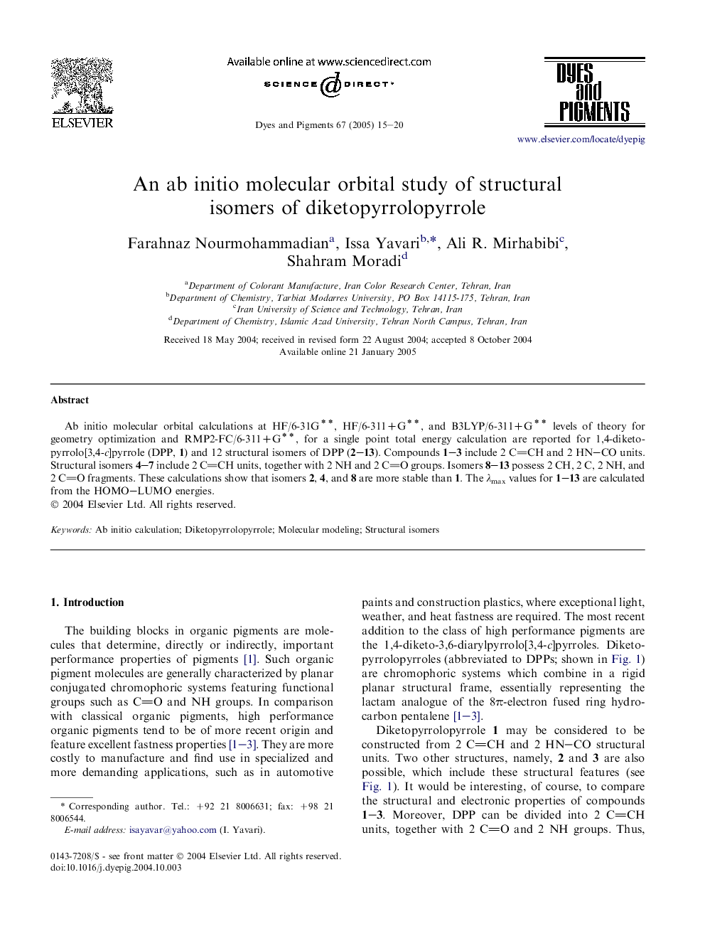 An ab initio molecular orbital study of structural isomers of diketopyrrolopyrrole