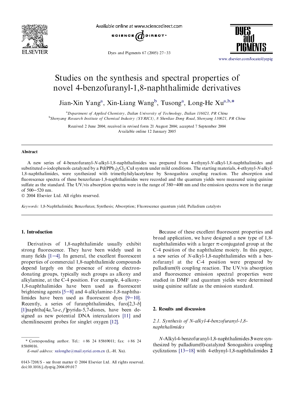 Studies on the synthesis and spectral properties of novel 4-benzofuranyl-1,8-naphthalimide derivatives