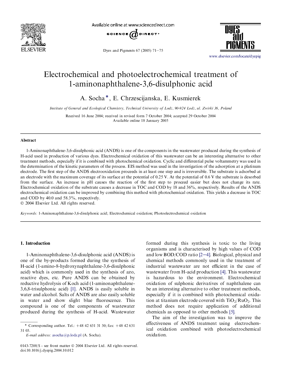 Electrochemical and photoelectrochemical treatment of 1-aminonaphthalene-3,6-disulphonic acid