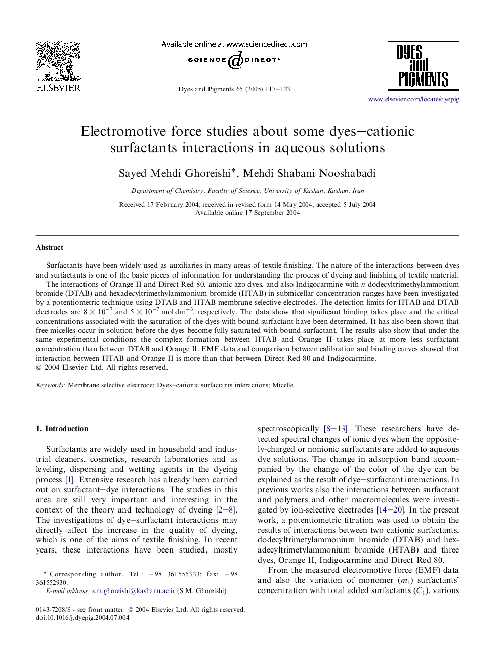 Electromotive force studies about some dyes-cationic surfactants interactions in aqueous solutions