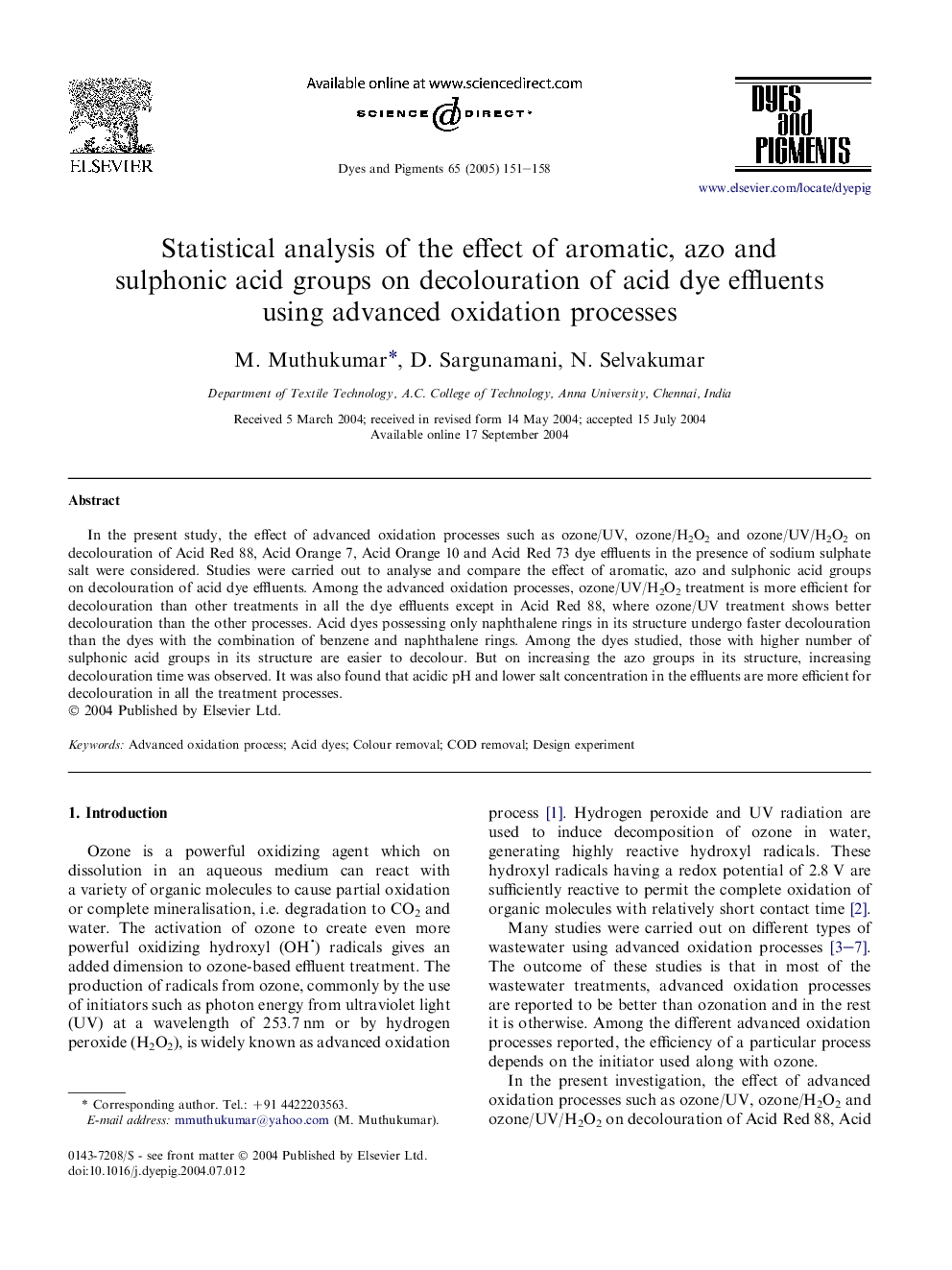 Statistical analysis of the effect of aromatic, azo and sulphonic acid groups on decolouration of acid dye effluents using advanced oxidation processes