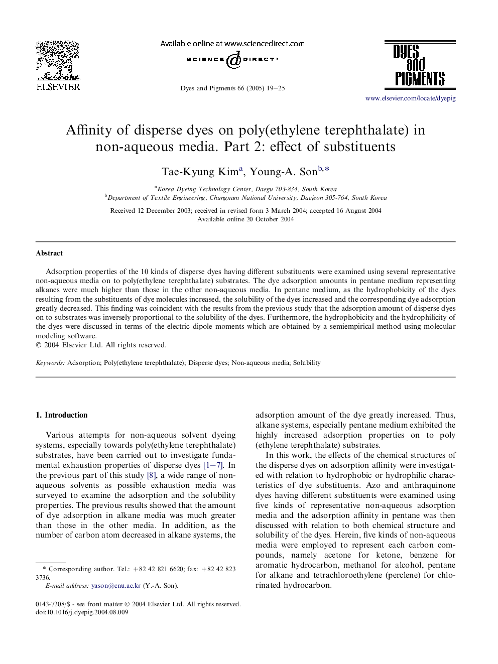 Affinity of disperse dyes on poly(ethylene terephthalate) in non-aqueous media. Part 2: effect of substituents