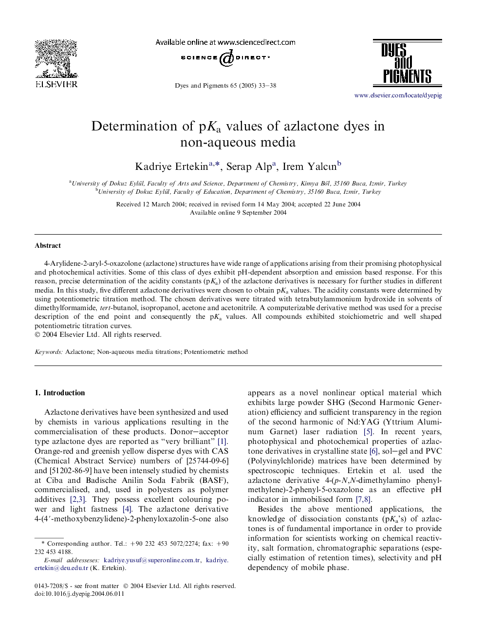 Determination of pKa values of azlactone dyes in non-aqueous media