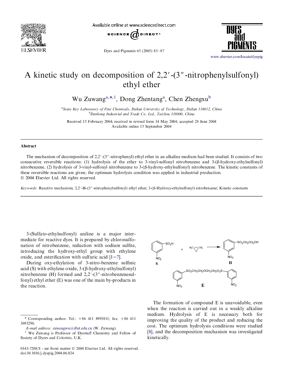 A kinetic study on decomposition of 2,2â²-(3â³-nitrophenylsulfonyl) ethyl ether