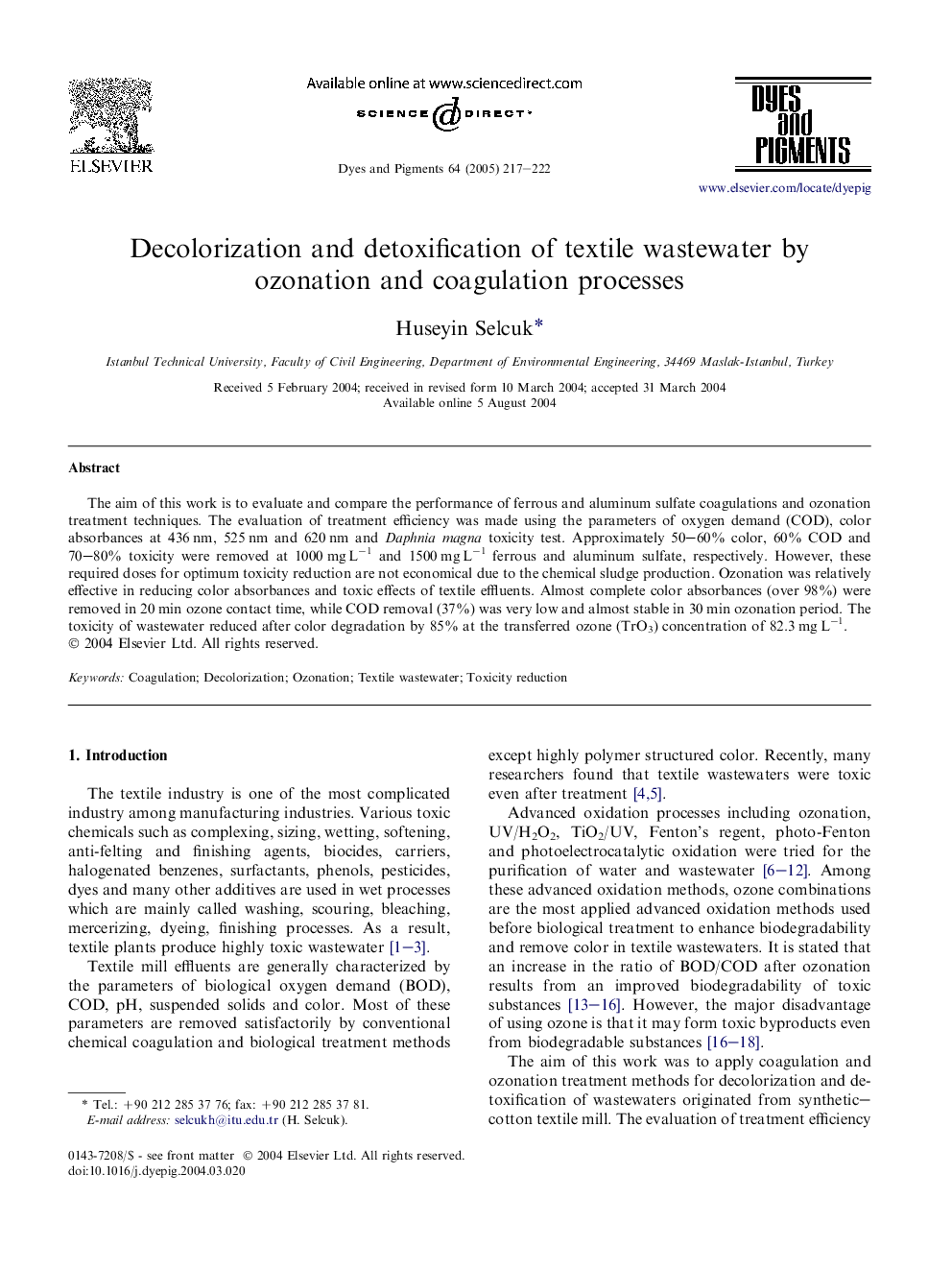 Decolorization and detoxification of textile wastewater by ozonation and coagulation processes