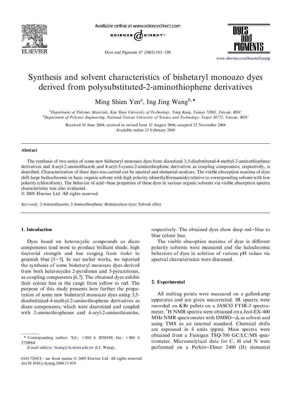 Synthesis and solvent characteristics of bishetaryl monoazo dyes derived from polysubstituted-2-aminothiophene derivatives