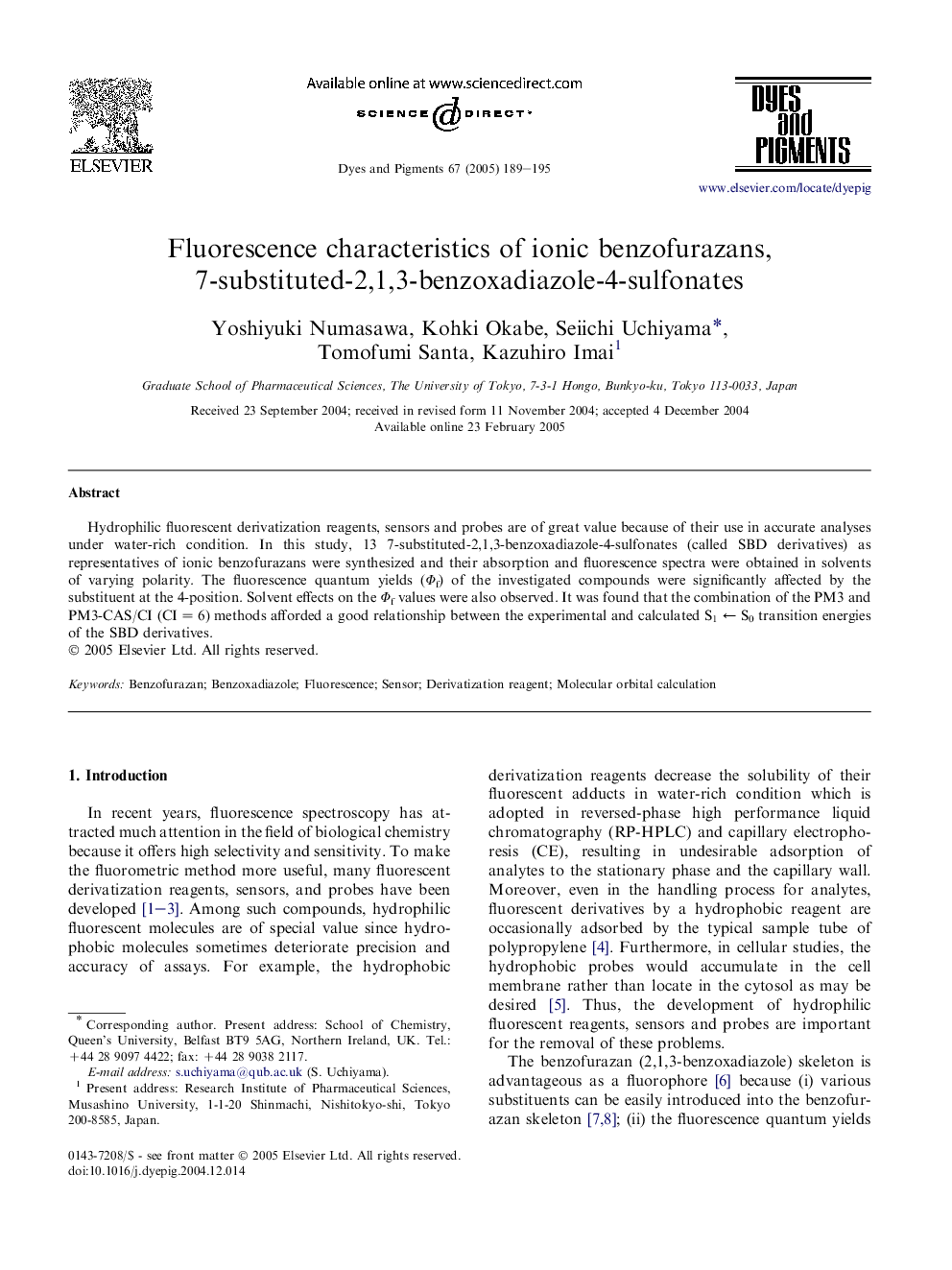 Fluorescence characteristics of ionic benzofurazans, 7-substituted-2,1,3-benzoxadiazole-4-sulfonates