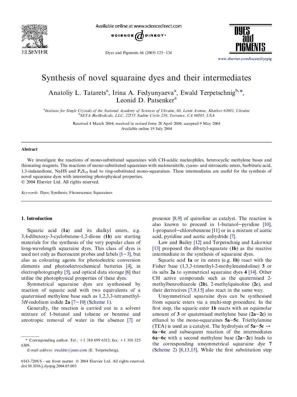 Synthesis of novel squaraine dyes and their intermediates