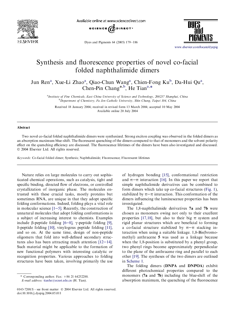 Synthesis and fluorescence properties of novel co-facial folded naphthalimide dimers