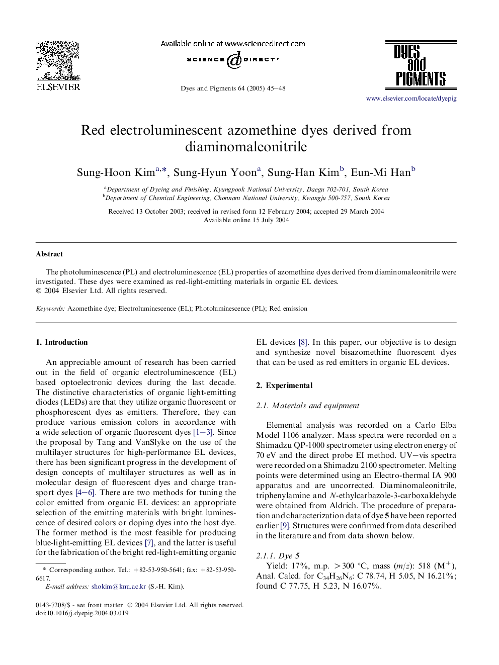 Red electroluminescent azomethine dyes derived from diaminomaleonitrile