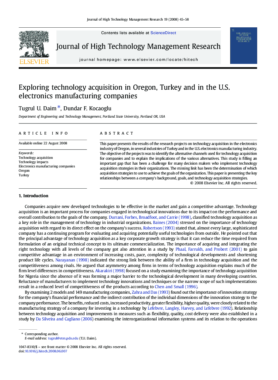 Exploring technology acquisition in Oregon, Turkey and in the U.S. electronics manufacturing companies