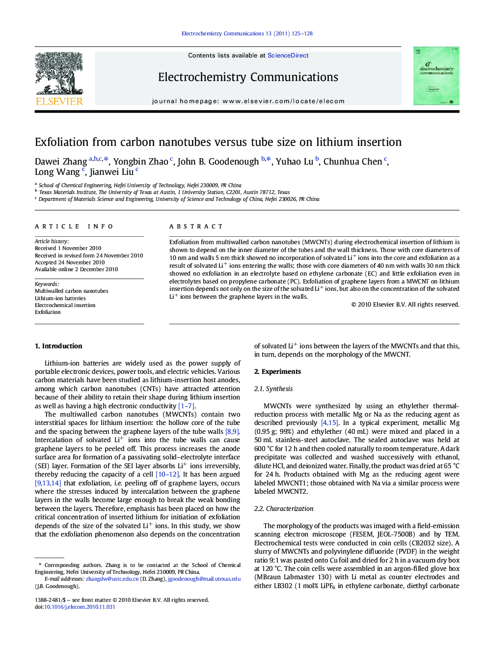 Exfoliation from carbon nanotubes versus tube size on lithium insertion