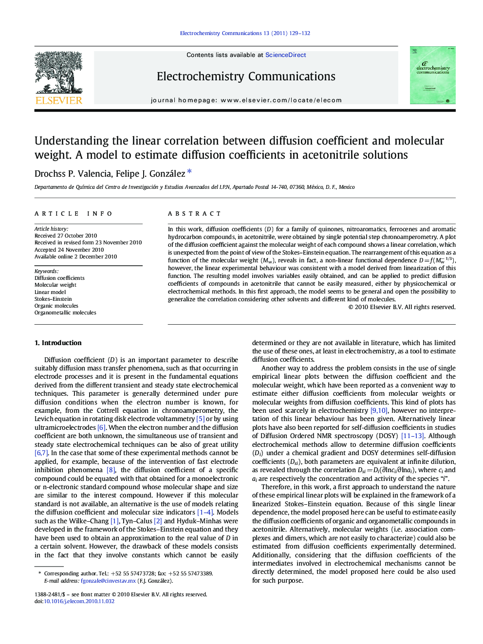 Understanding the linear correlation between diffusion coefficient and molecular weight. A model to estimate diffusion coefficients in acetonitrile solutions