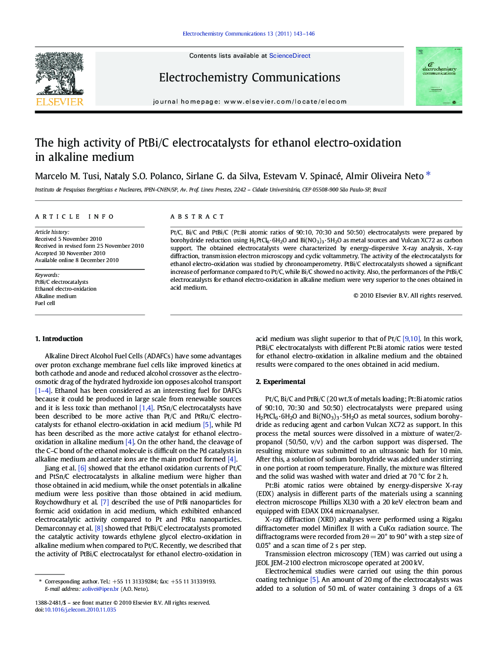 The high activity of PtBi/C electrocatalysts for ethanol electro-oxidation in alkaline medium