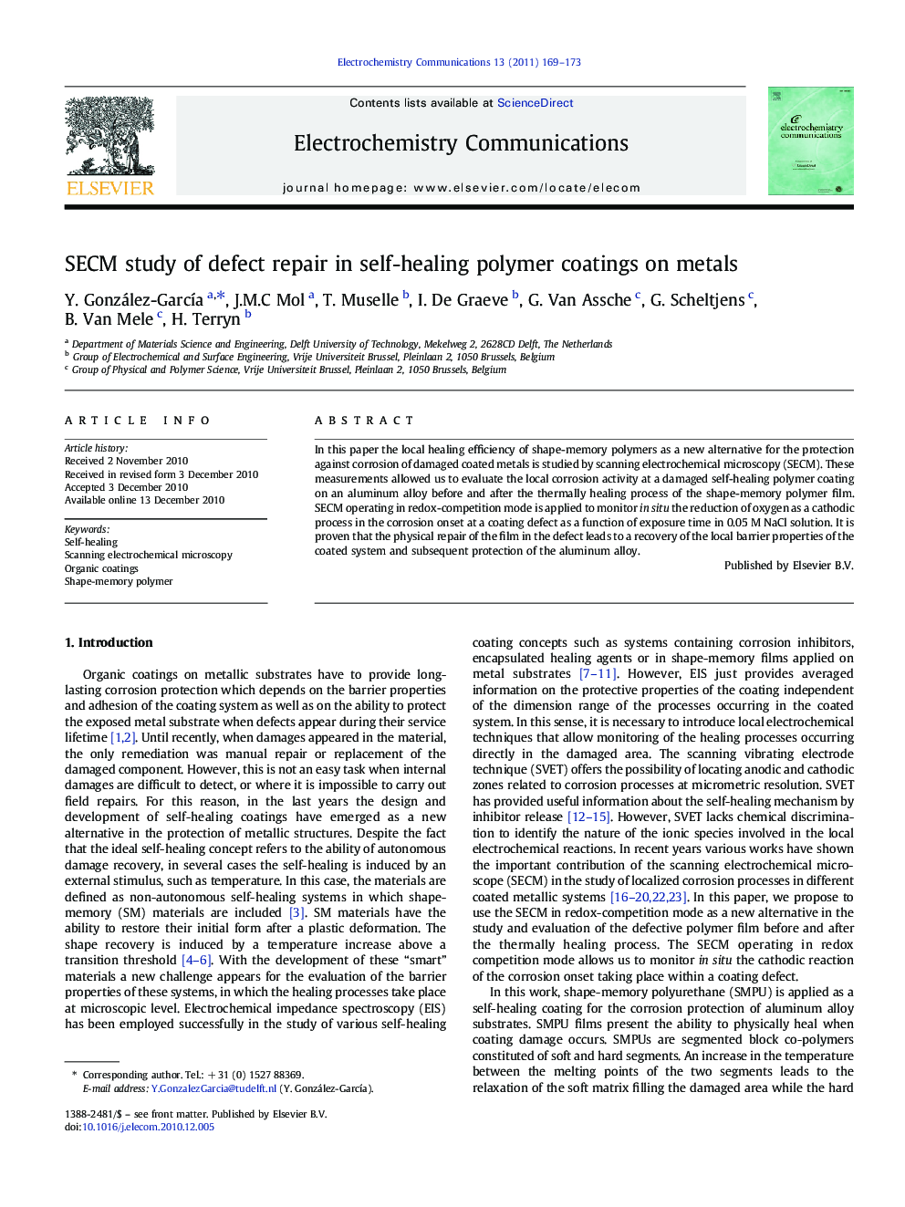 SECM study of defect repair in self-healing polymer coatings on metals