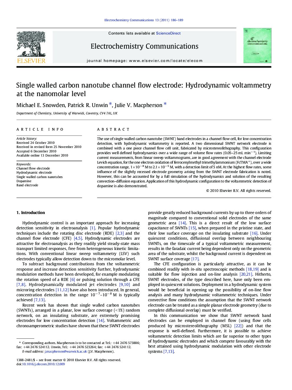 Single walled carbon nanotube channel flow electrode: Hydrodynamic voltammetry at the nanomolar level