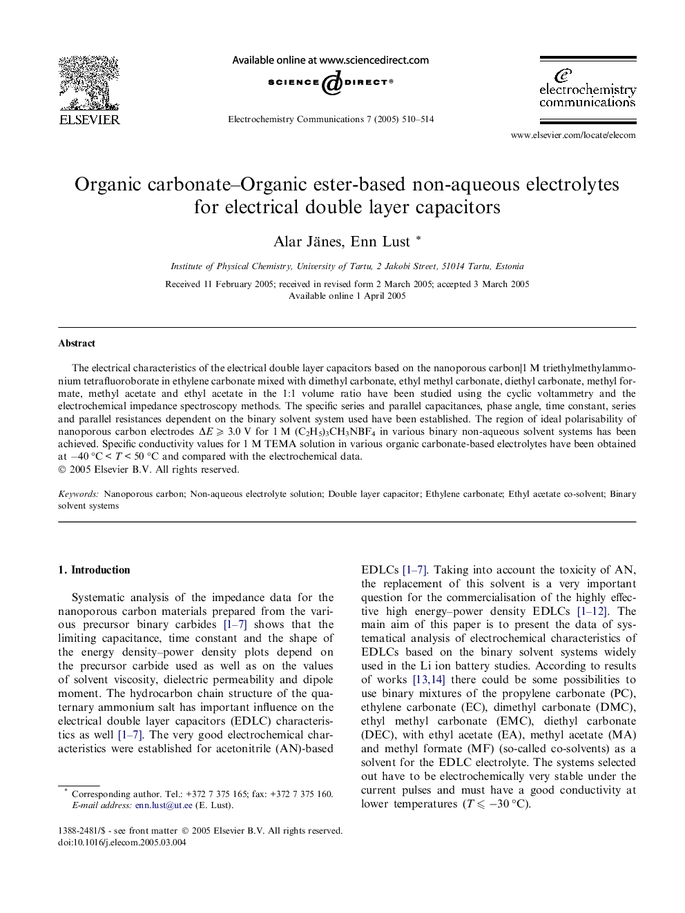 Organic carbonate-Organic ester-based non-aqueous electrolytes for electrical double layer capacitors