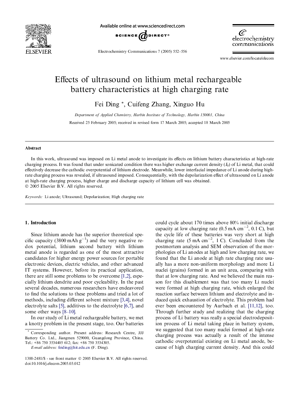 Effects of ultrasound on lithium metal rechargeable battery characteristics at high charging rate