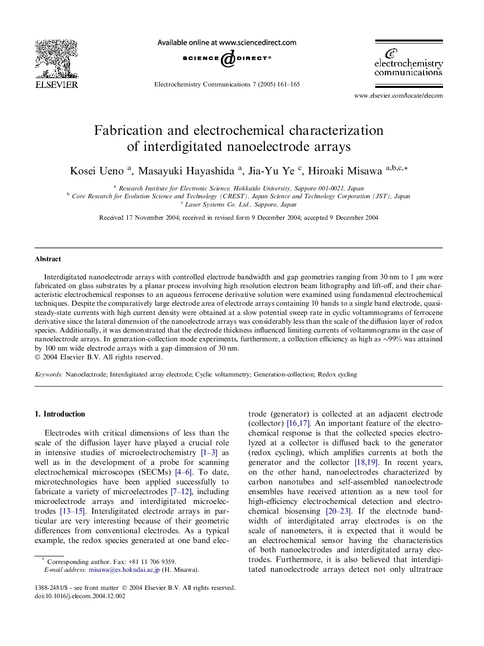 Fabrication and electrochemical characterization of interdigitated nanoelectrode arrays