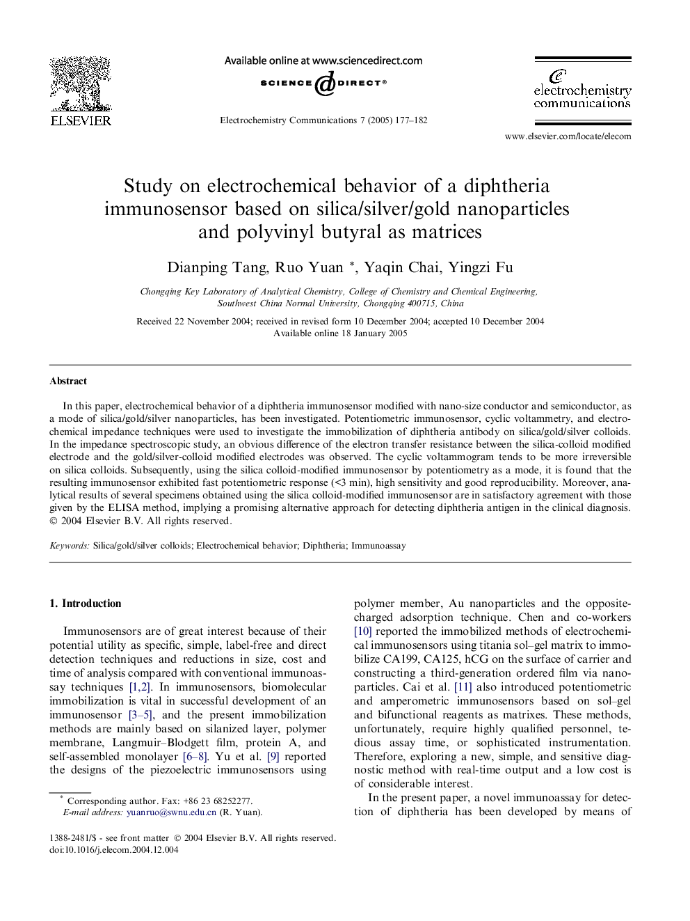 Study on electrochemical behavior of a diphtheria immunosensor based on silica/silver/gold nanoparticles and polyvinyl butyral as matrices