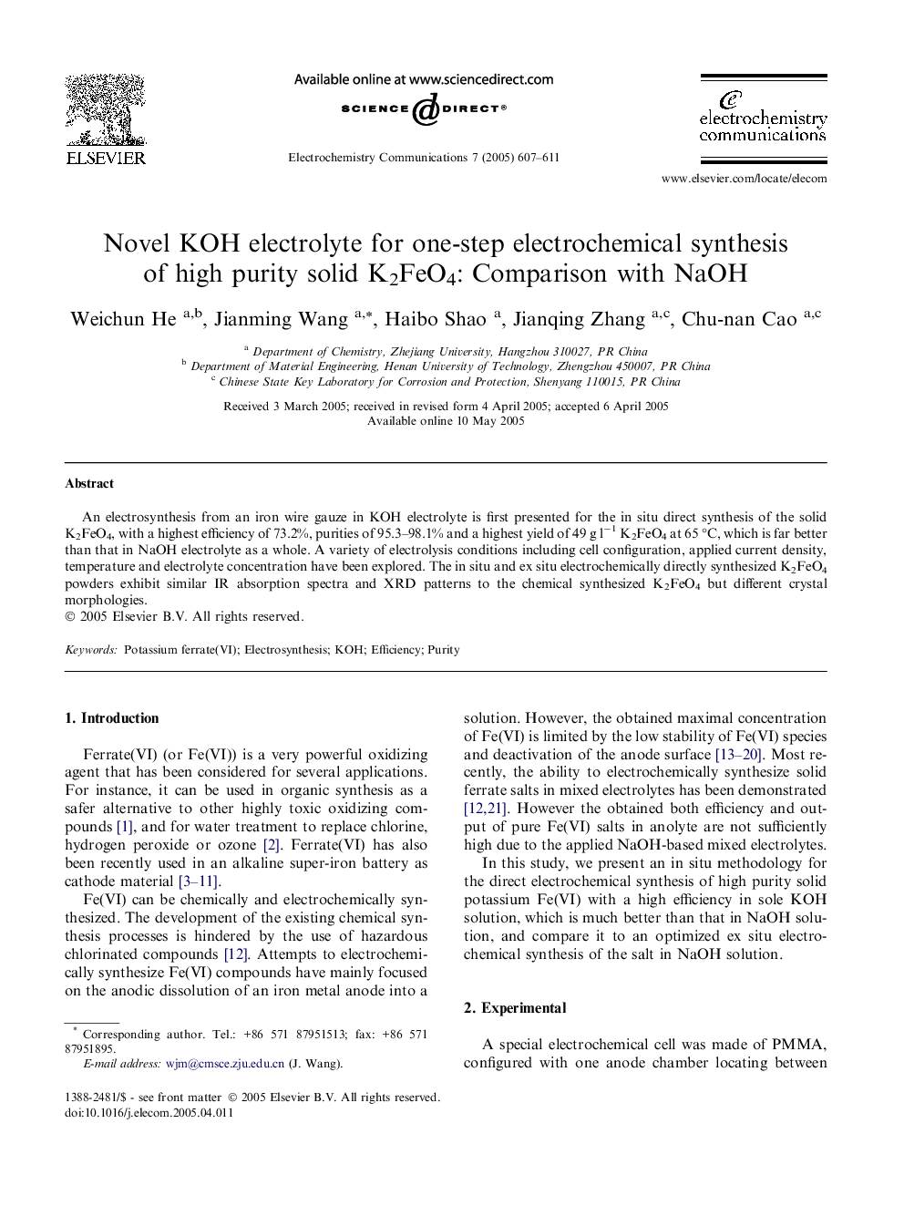 Novel KOH electrolyte for one-step electrochemical synthesis of high purity solid K2FeO4: Comparison with NaOH