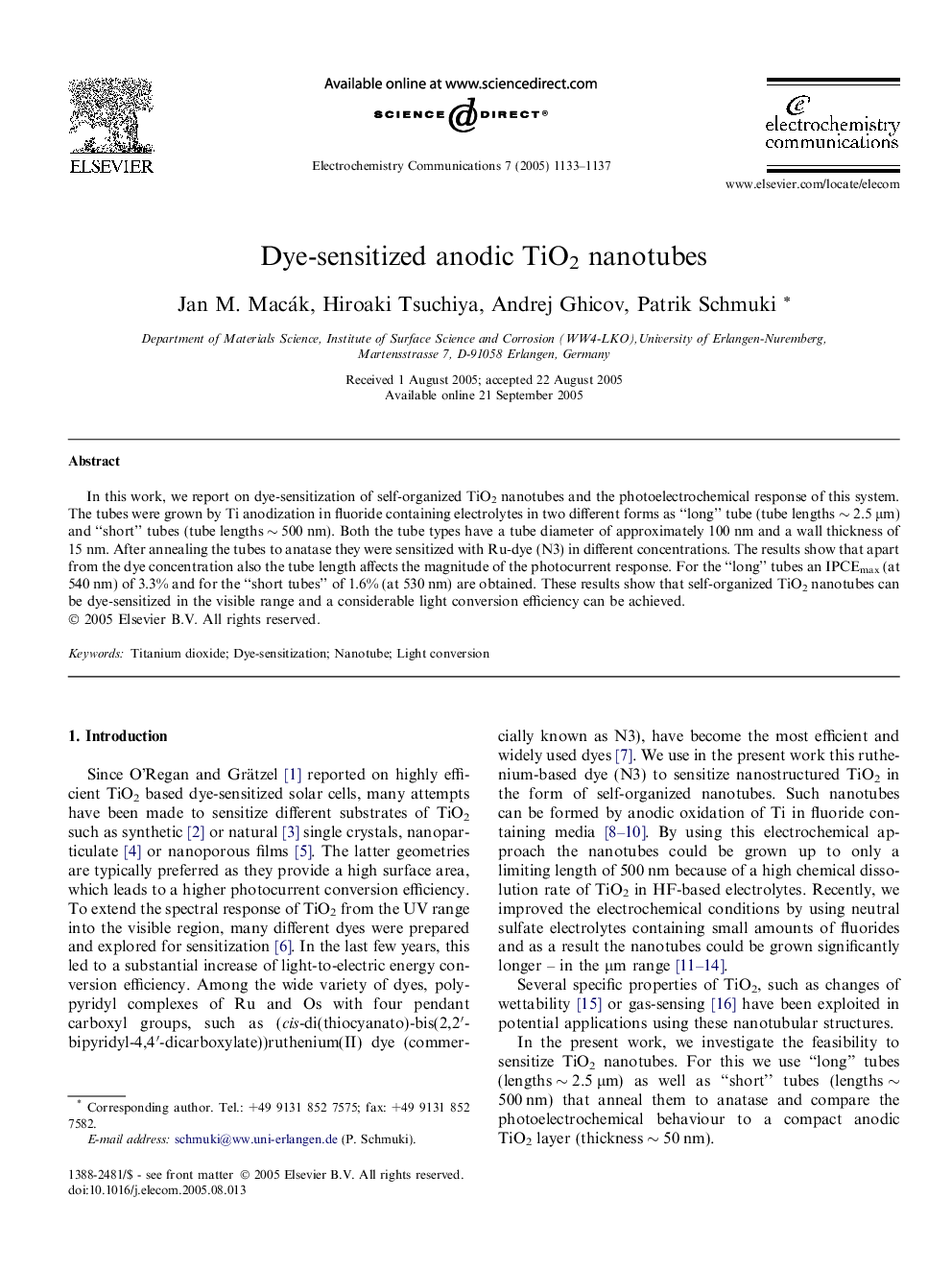 Dye-sensitized anodic TiO2 nanotubes