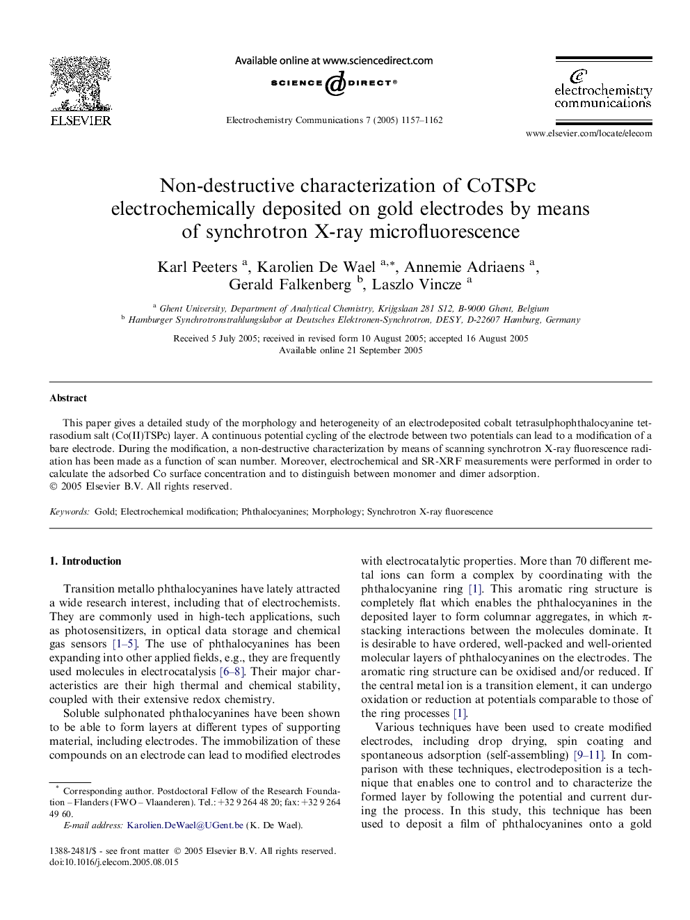 Non-destructive characterization of CoTSPc electrochemically deposited on gold electrodes by means of synchrotron X-ray microfluorescence