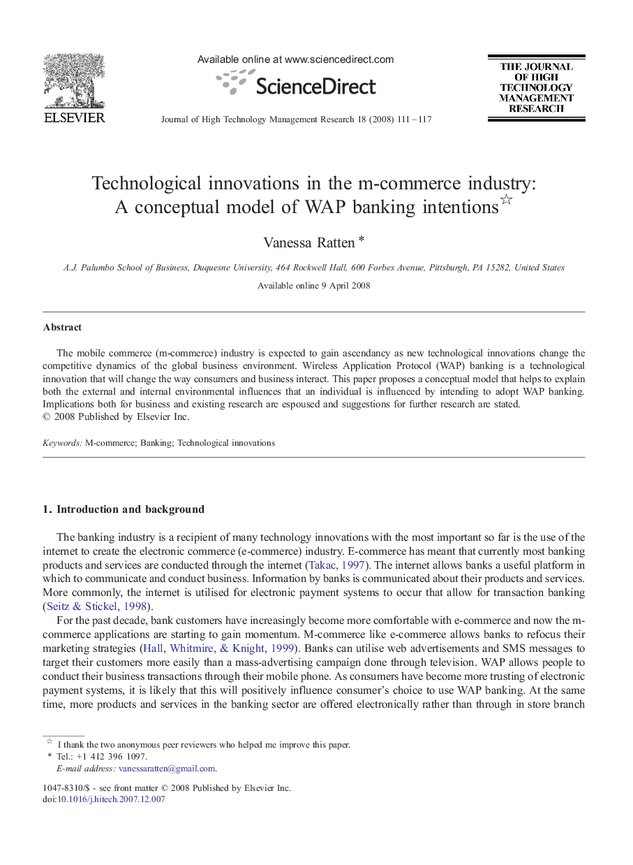 Technological innovations in the m-commerce industry: A conceptual model of WAP banking intentions 