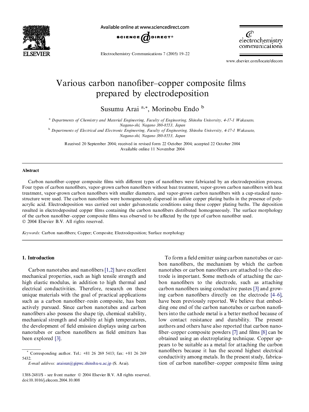 Various carbon nanofiber-copper composite films prepared by electrodeposition