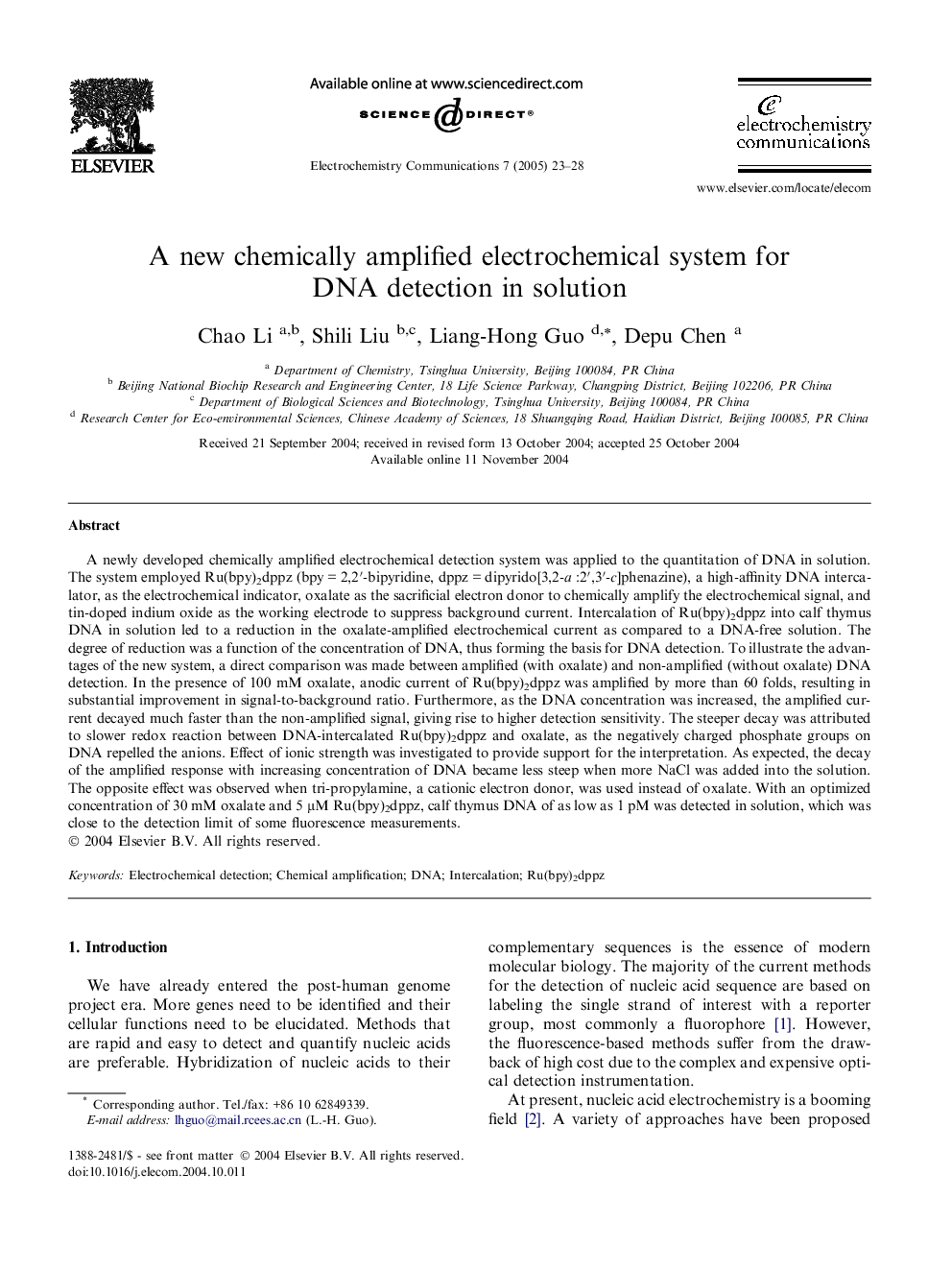 A new chemically amplified electrochemical system for DNA detection in solution