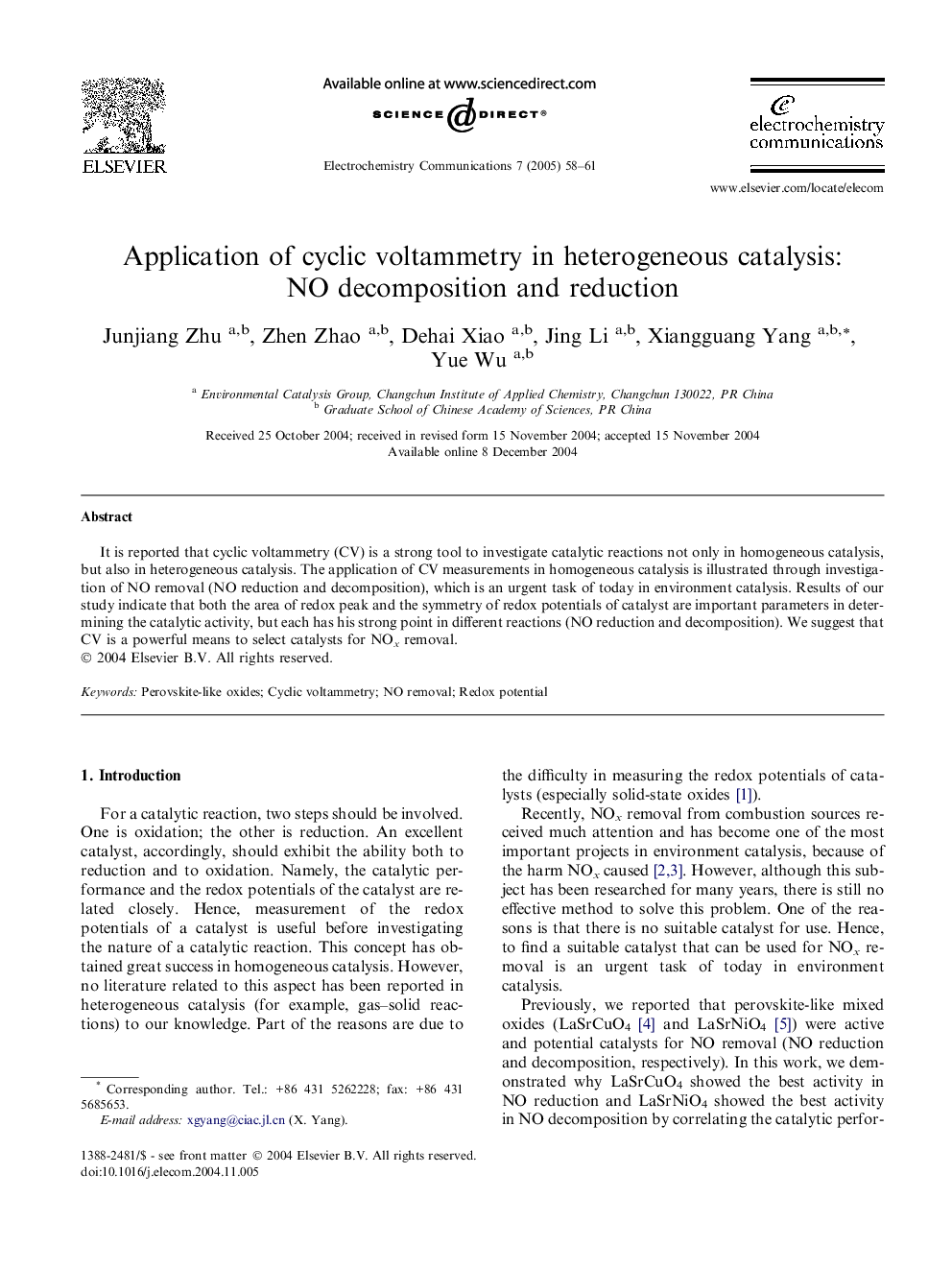 Application of cyclic voltammetry in heterogeneous catalysis: NO decomposition and reduction