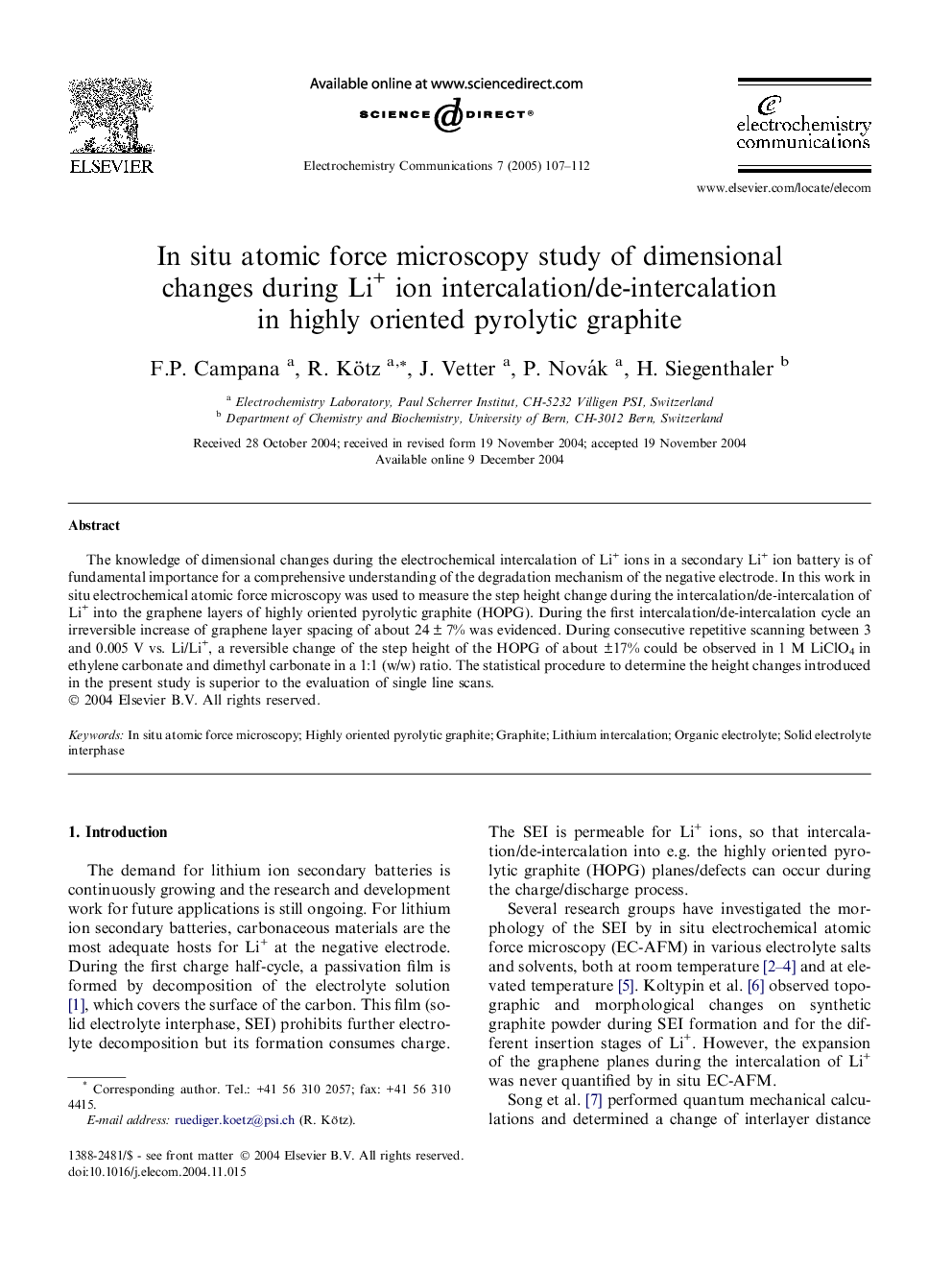 In situ atomic force microscopy study of dimensional changes during Li+ ion intercalation/de-intercalation in highly oriented pyrolytic graphite