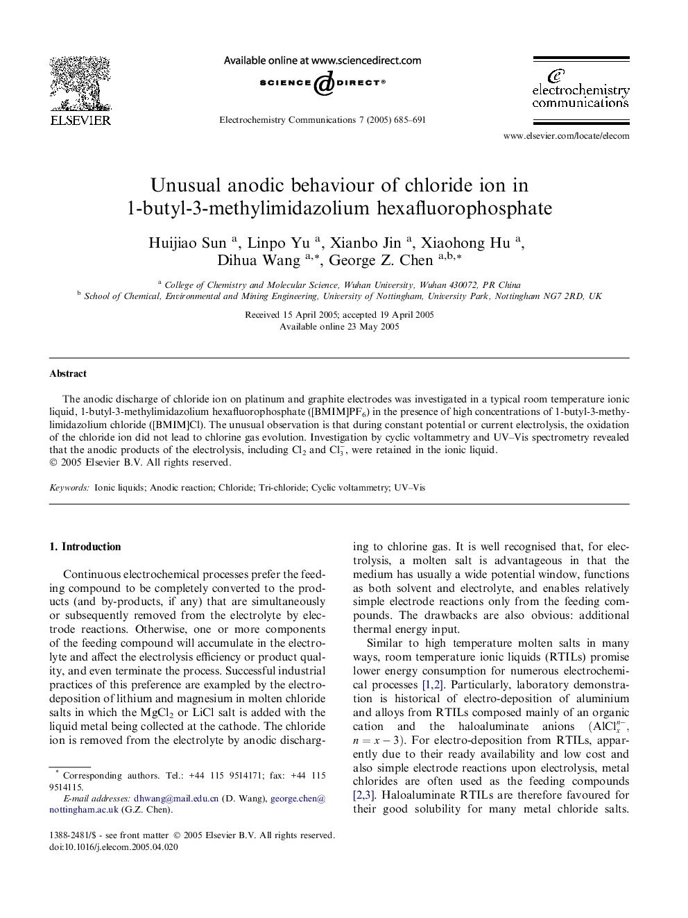 Unusual anodic behaviour of chloride ion in 1-butyl-3-methylimidazolium hexafluorophosphate