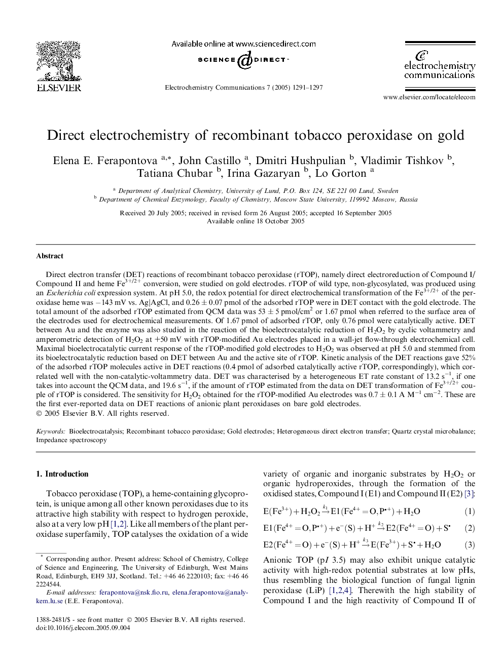 Direct electrochemistry of recombinant tobacco peroxidase on gold