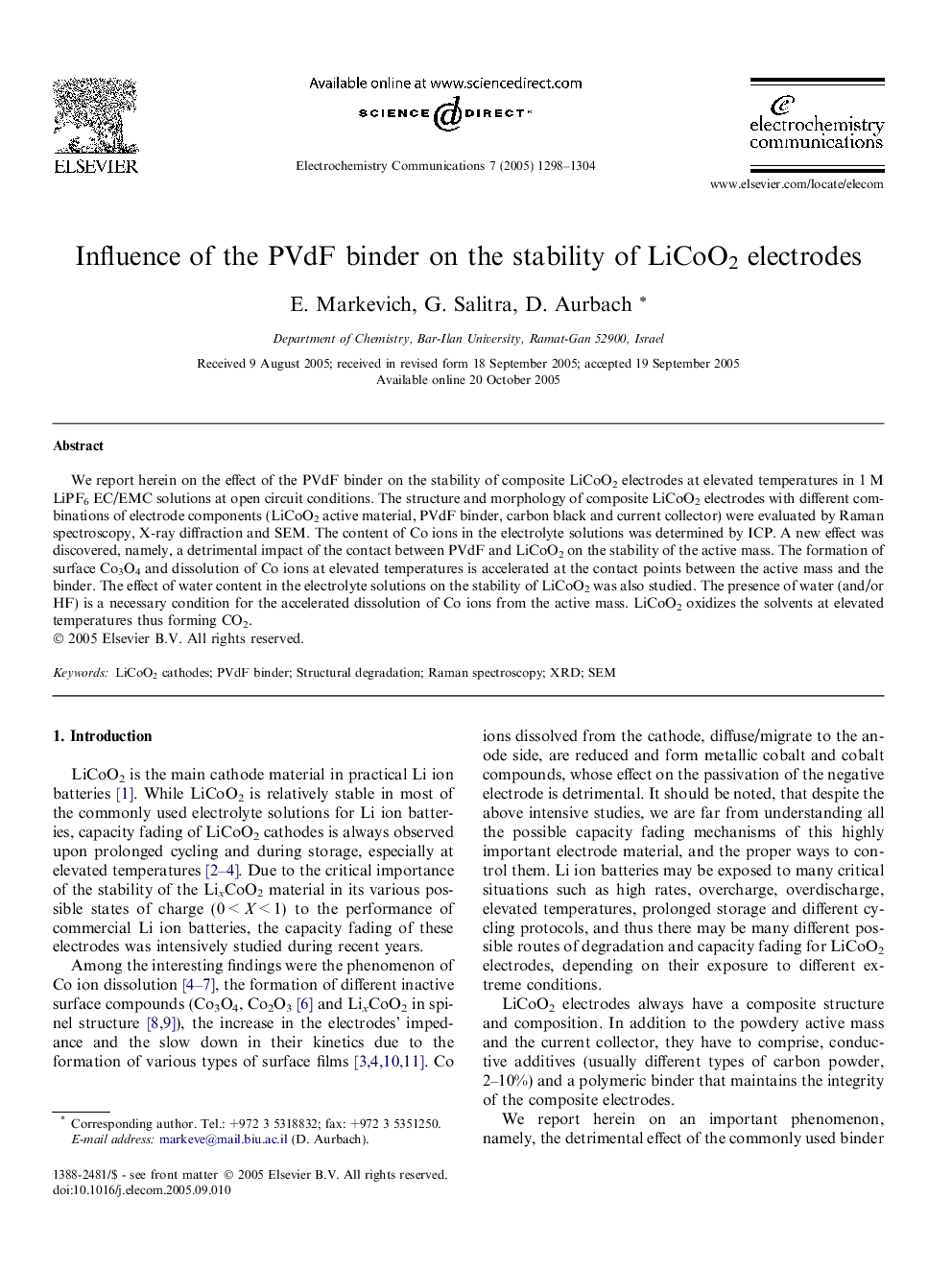 Influence of the PVdF binder on the stability of LiCoO2 electrodes