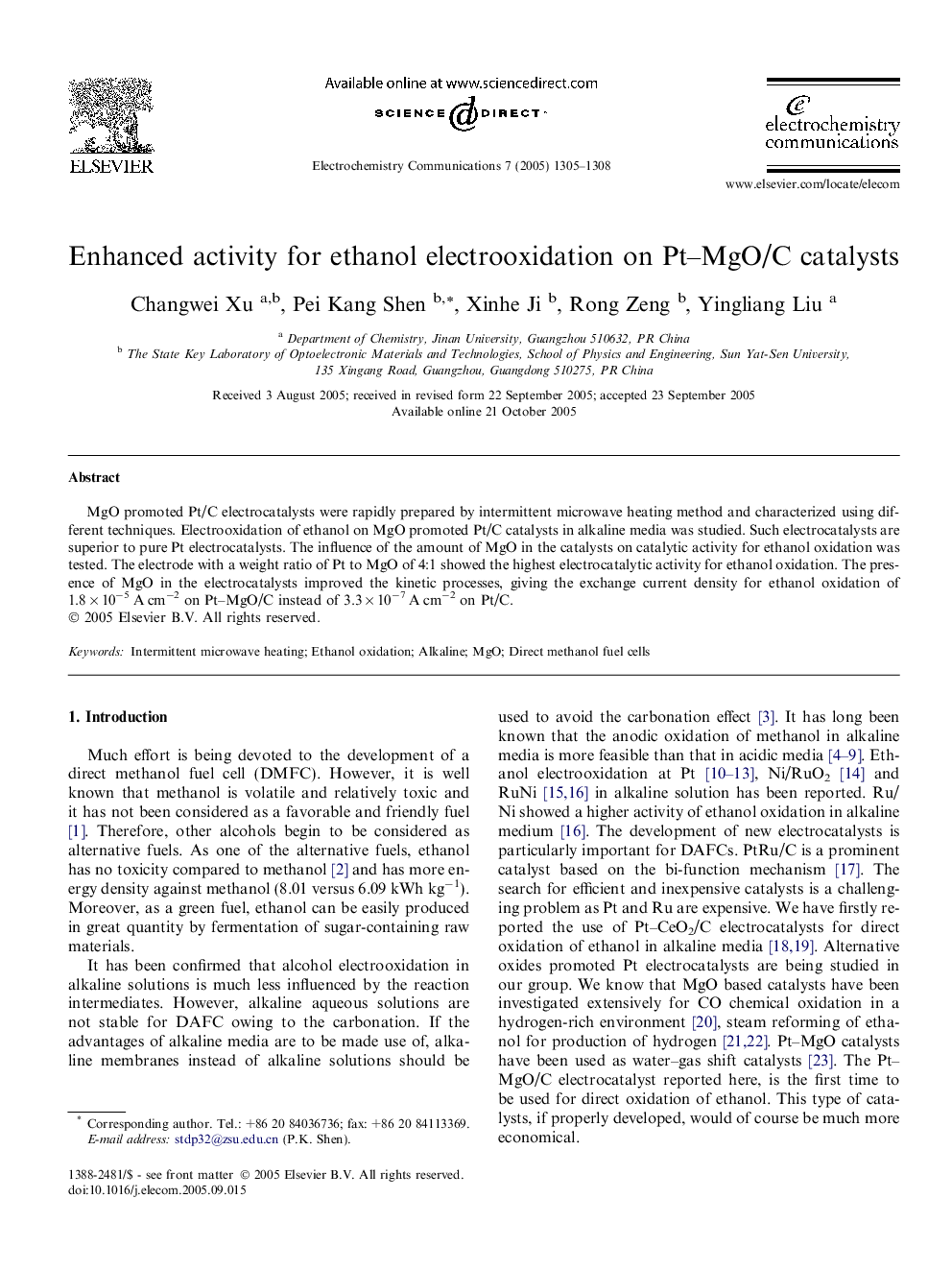 Enhanced activity for ethanol electrooxidation on Pt-MgO/C catalysts