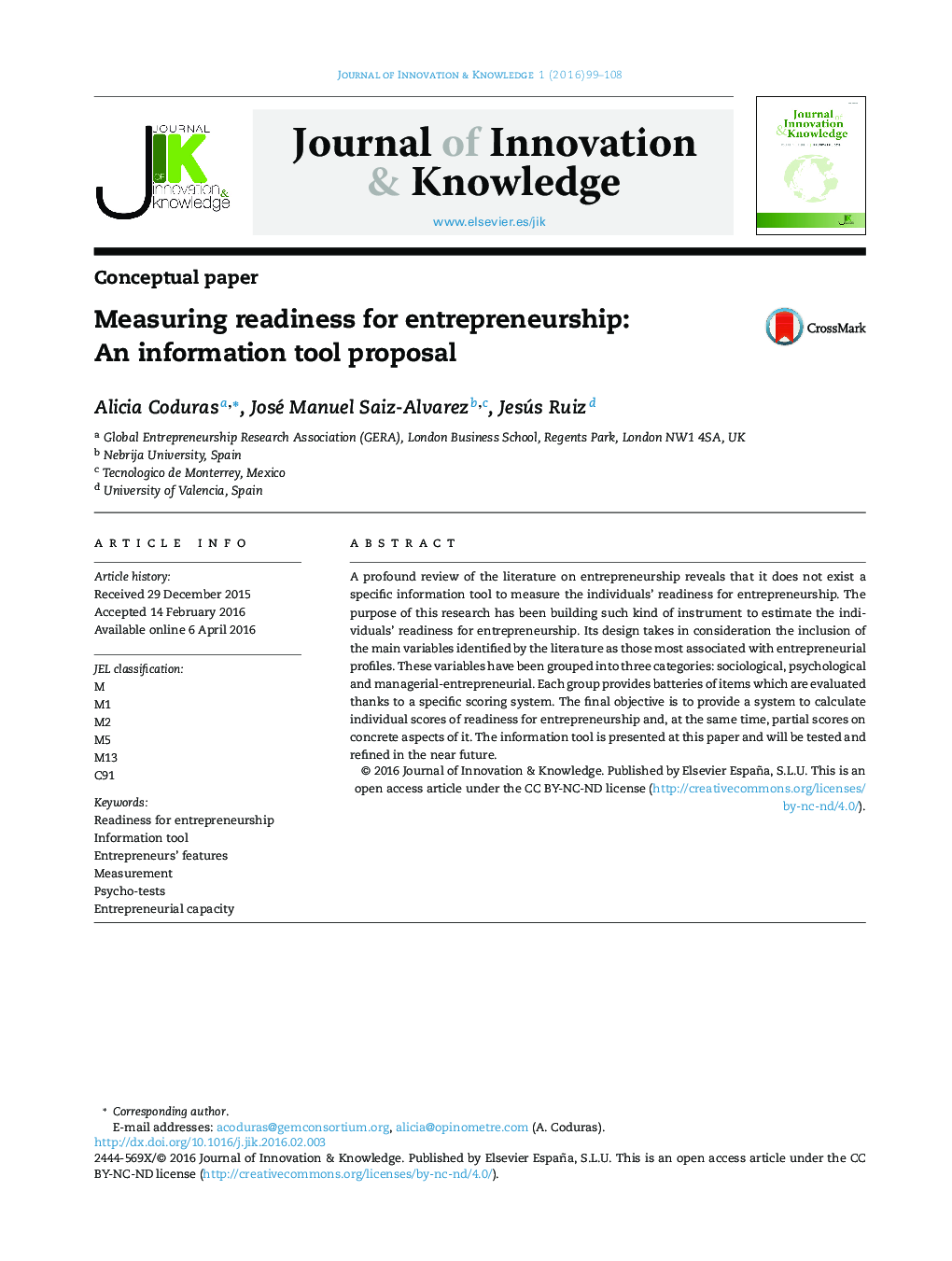 Measuring readiness for entrepreneurship: An information tool proposal