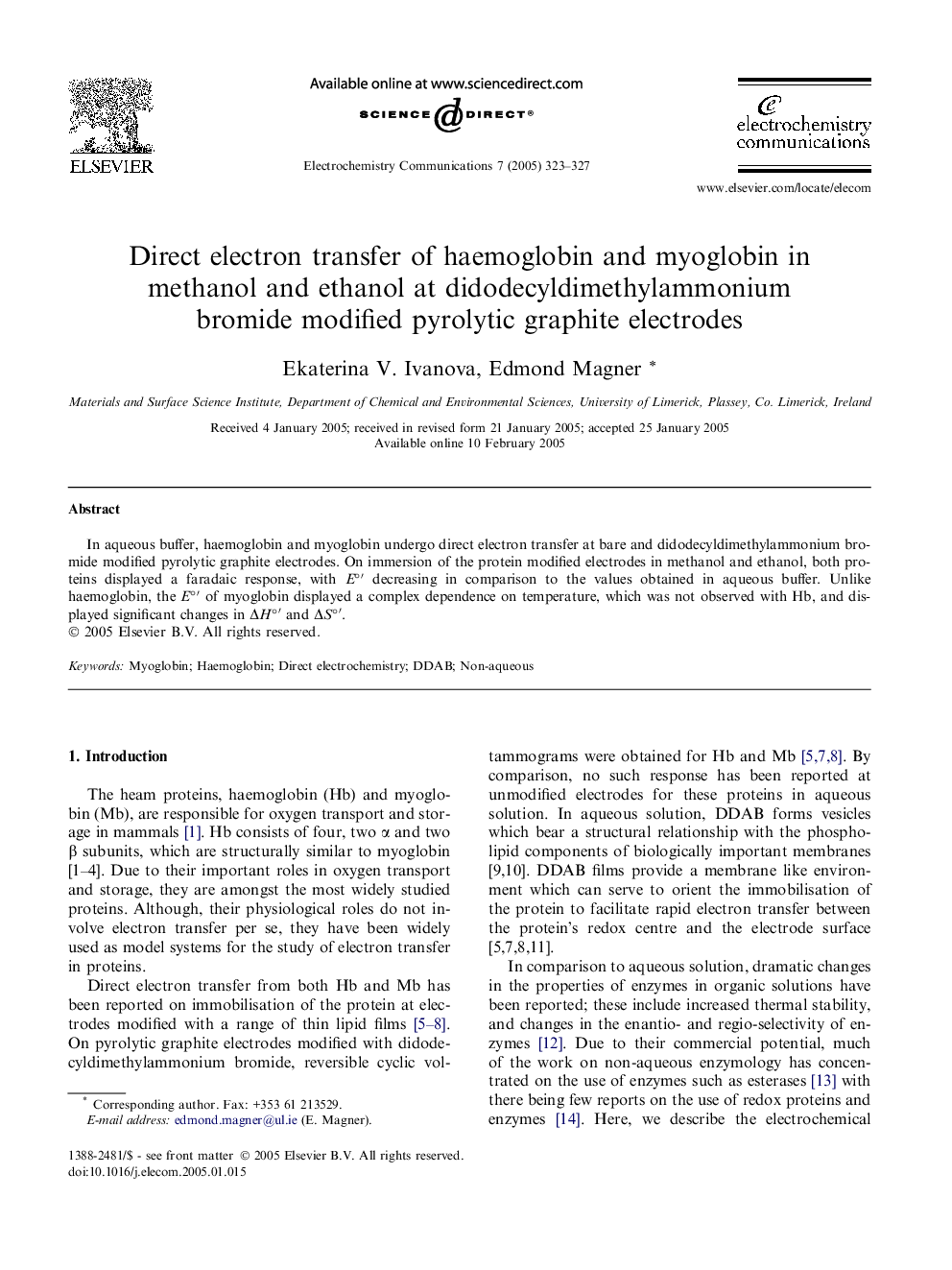 Direct electron transfer of haemoglobin and myoglobin in methanol and ethanol at didodecyldimethylammonium bromide modified pyrolytic graphite electrodes