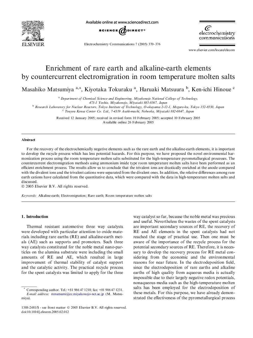 Enrichment of rare earth and alkaline-earth elements by countercurrent electromigration in room temperature molten salts