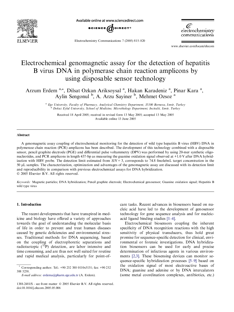 Electrochemical genomagnetic assay for the detection of hepatitis B virus DNA in polymerase chain reaction amplicons by using disposable sensor technology