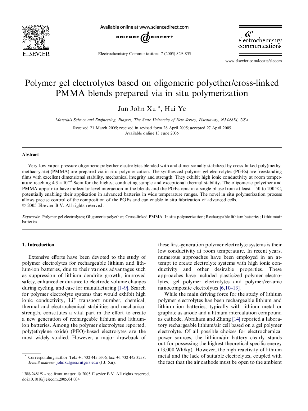 Polymer gel electrolytes based on oligomeric polyether/cross-linked PMMA blends prepared via in situ polymerization