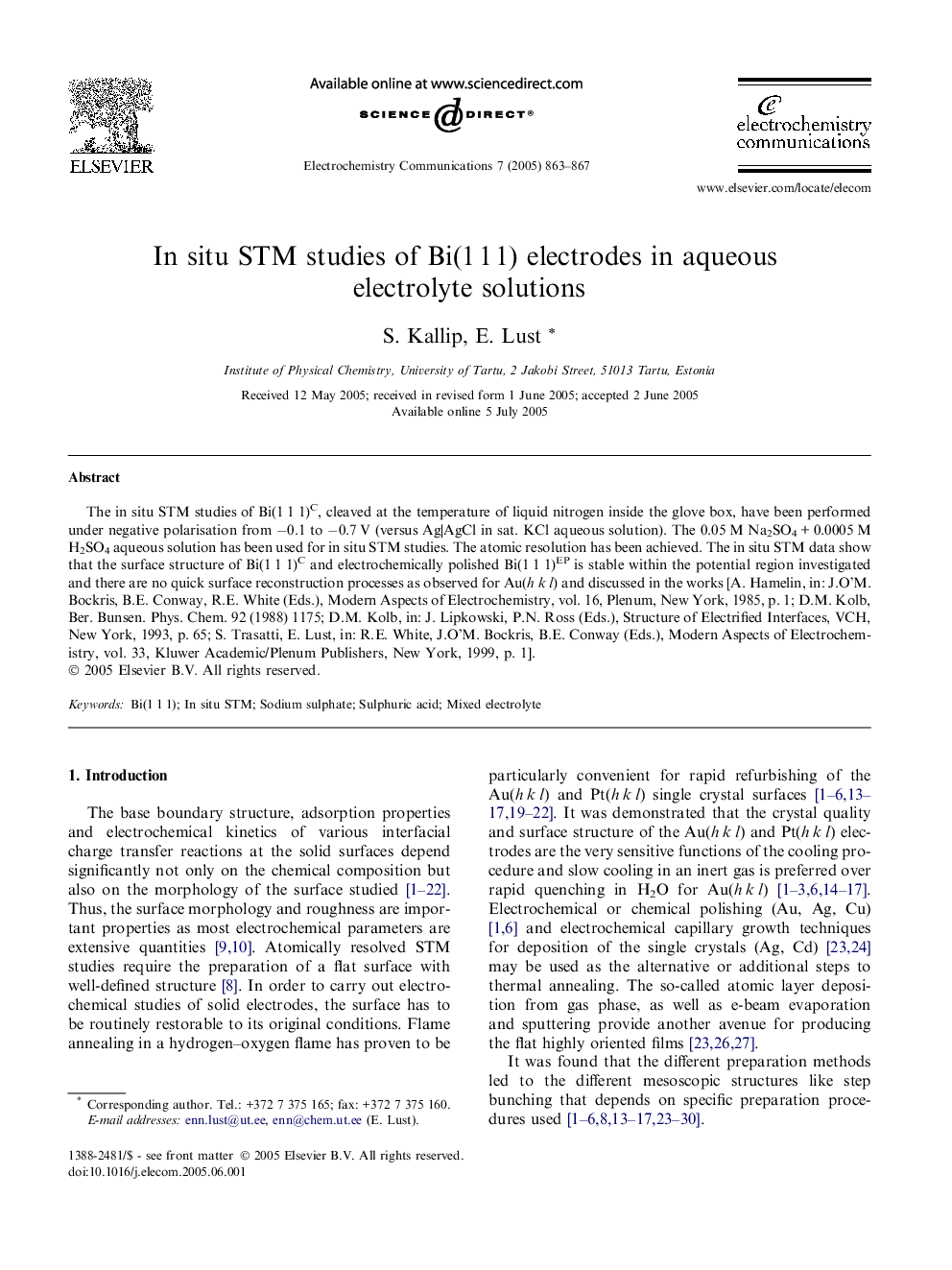 In situ STM studies of Bi(1Â 1Â 1) electrodes in aqueous electrolyte solutions