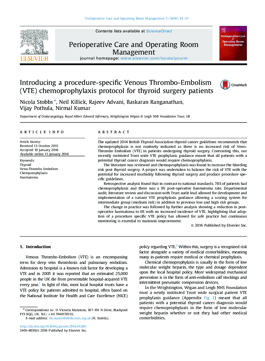 معرفی یک ترومبوآمبولی وریدی روش خاص (VTE) پروتکل پیشگیری برای بیماران عمل جراحی تیروئید
