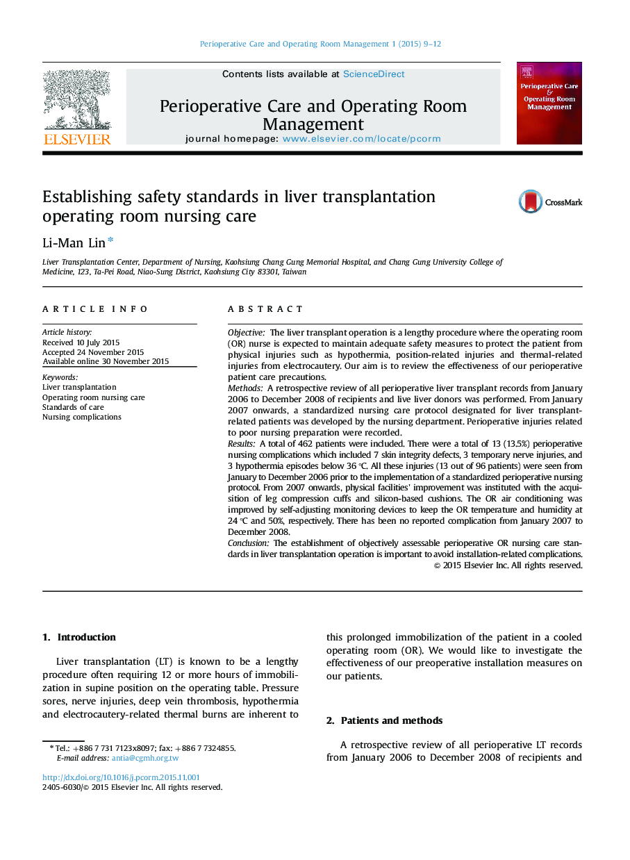 Establishing safety standards in liver transplantation operating room nursing care