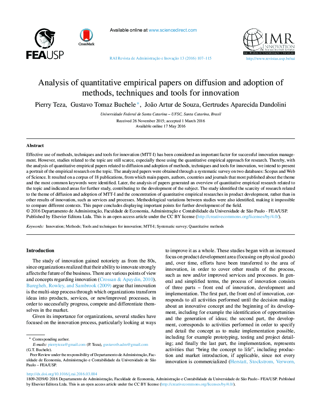 Analysis of quantitative empirical papers on diffusion and adoption of methods, techniques and tools for innovation 