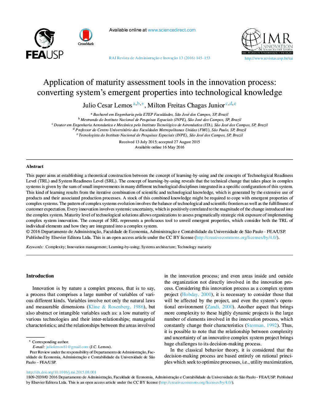 Application of maturity assessment tools in the innovation process: converting system's emergent properties into technological knowledge 