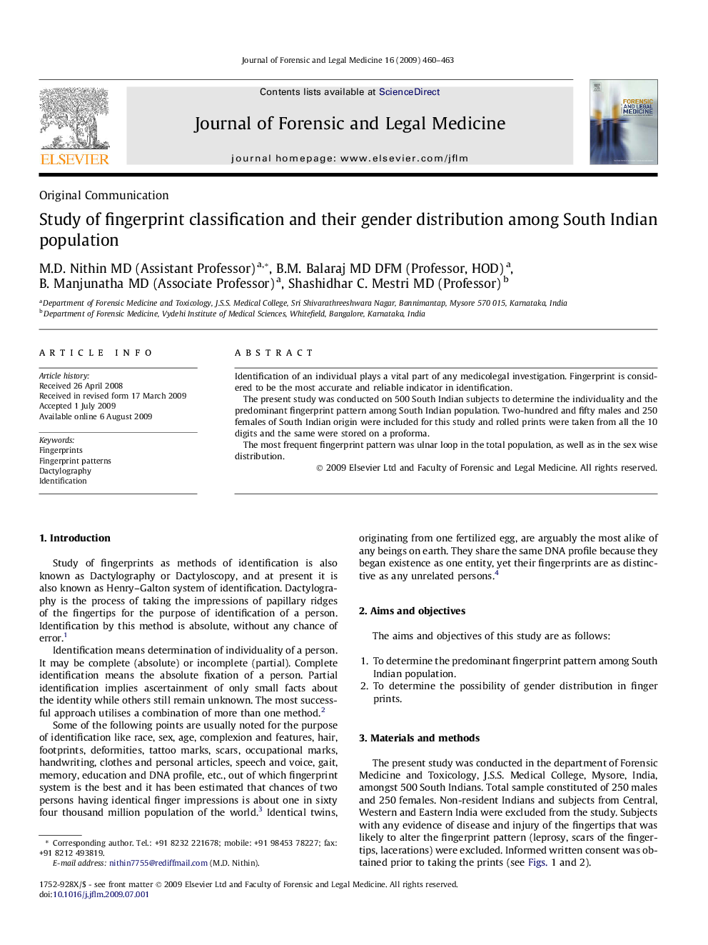 عکس صفحه اول مقاله: Study of fingerprint classification and their gender distribution among South Indian population Study of fingerprint classification and their gender distribution among South Indian population