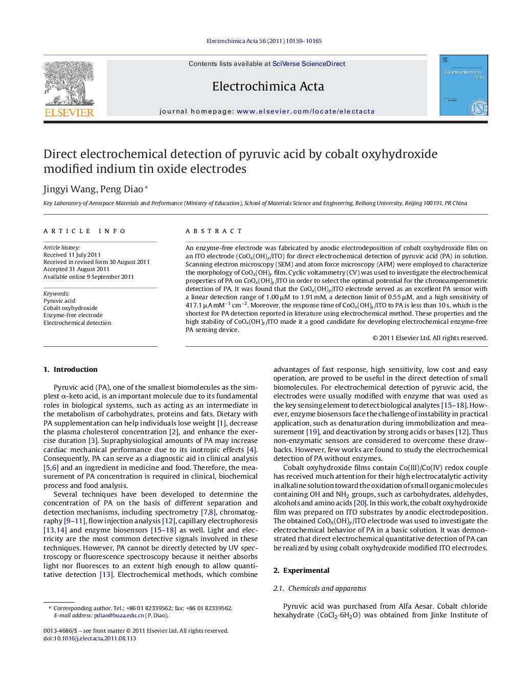 Direct electrochemical detection of pyruvic acid by cobalt oxyhydroxide modified indium tin oxide electrodes