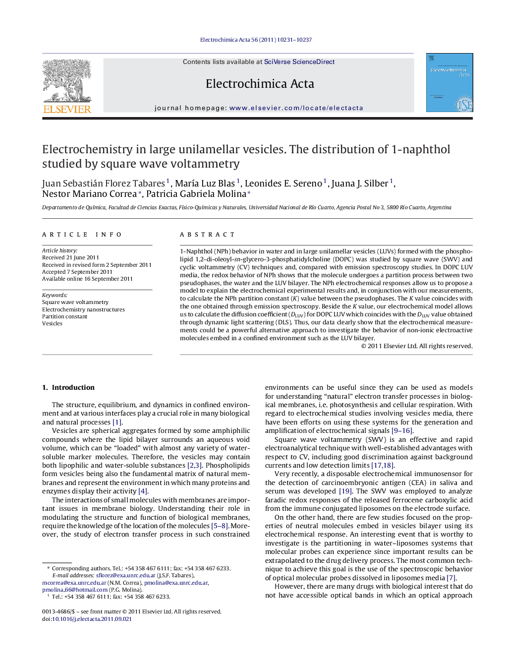 Electrochemistry in large unilamellar vesicles. The distribution of 1-naphthol studied by square wave voltammetry