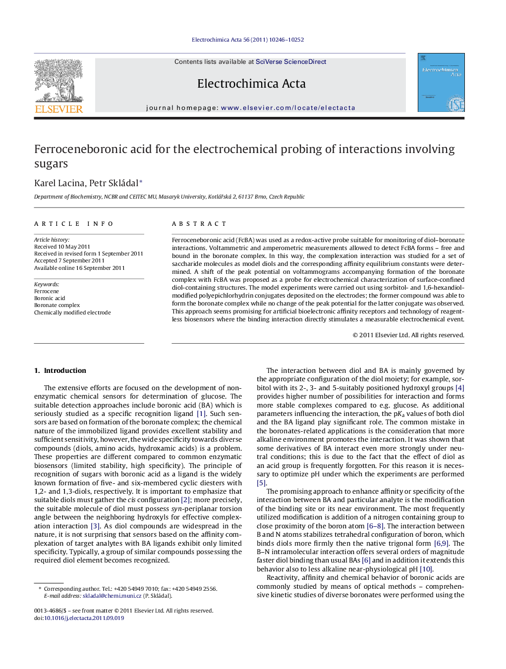 Ferroceneboronic acid for the electrochemical probing of interactions involving sugars